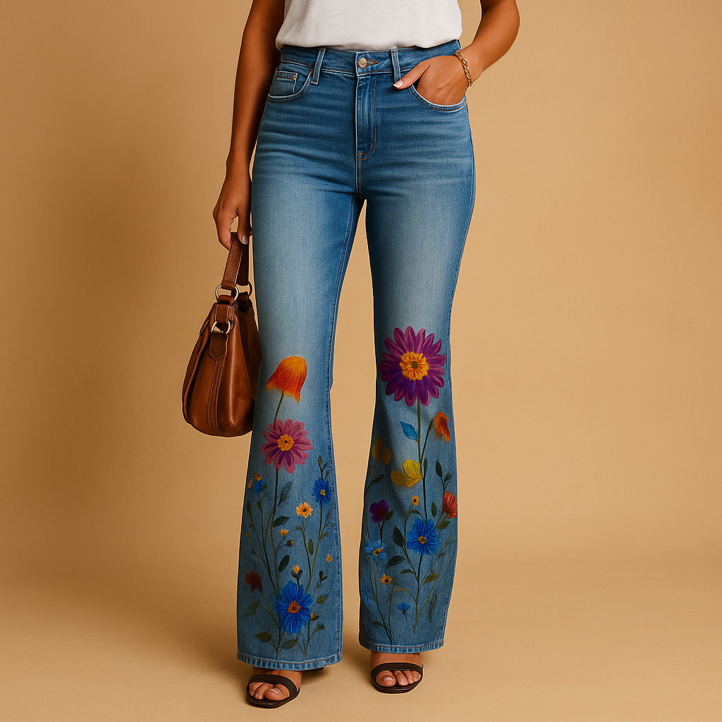 Women’s flared printed jeans with floral or butterfly designs, breathable fabric, and a relaxed fit, perfect for spring and summer outfits.