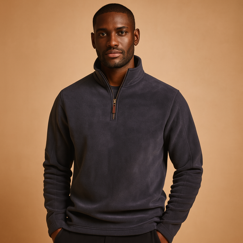 Men’s fleece half zip pullover in dark gray, beige, and brown, warm, soft, and perfect for casual or outdoor wear in autumn and winter.