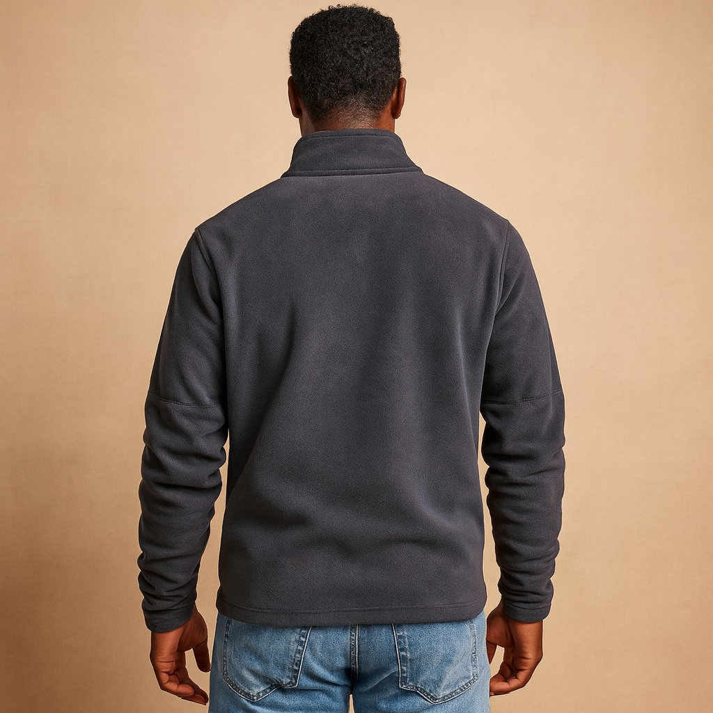 Men’s fleece half zip pullover in dark gray, beige, and brown, warm, soft, and perfect for casual or outdoor wear in autumn and winter.