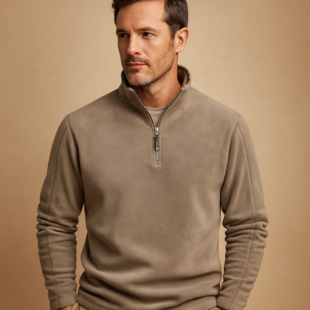 Men’s fleece half zip pullover in dark gray, beige, and brown, warm, soft, and perfect for casual or outdoor wear in autumn and winter.