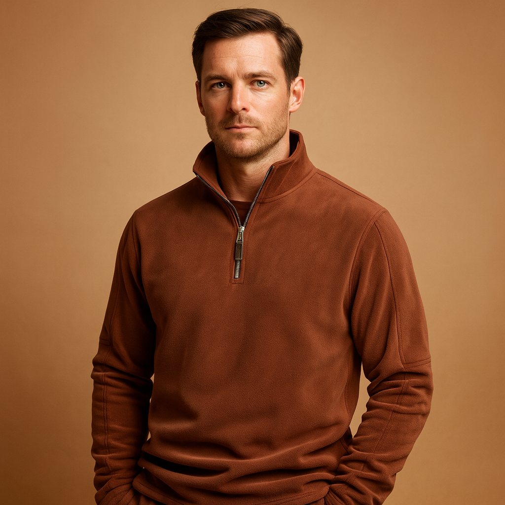 Men’s fleece half zip pullover in dark gray, beige, and brown, warm, soft, and perfect for casual or outdoor wear in autumn and winter.