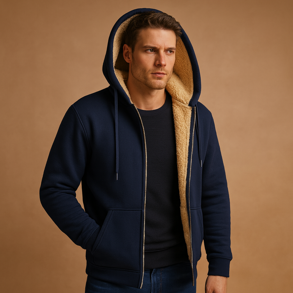 Men’s fleece sweater with fur lining in dark gray, black, and navy blue, warm, stylish, and perfect for autumn and winter wear.