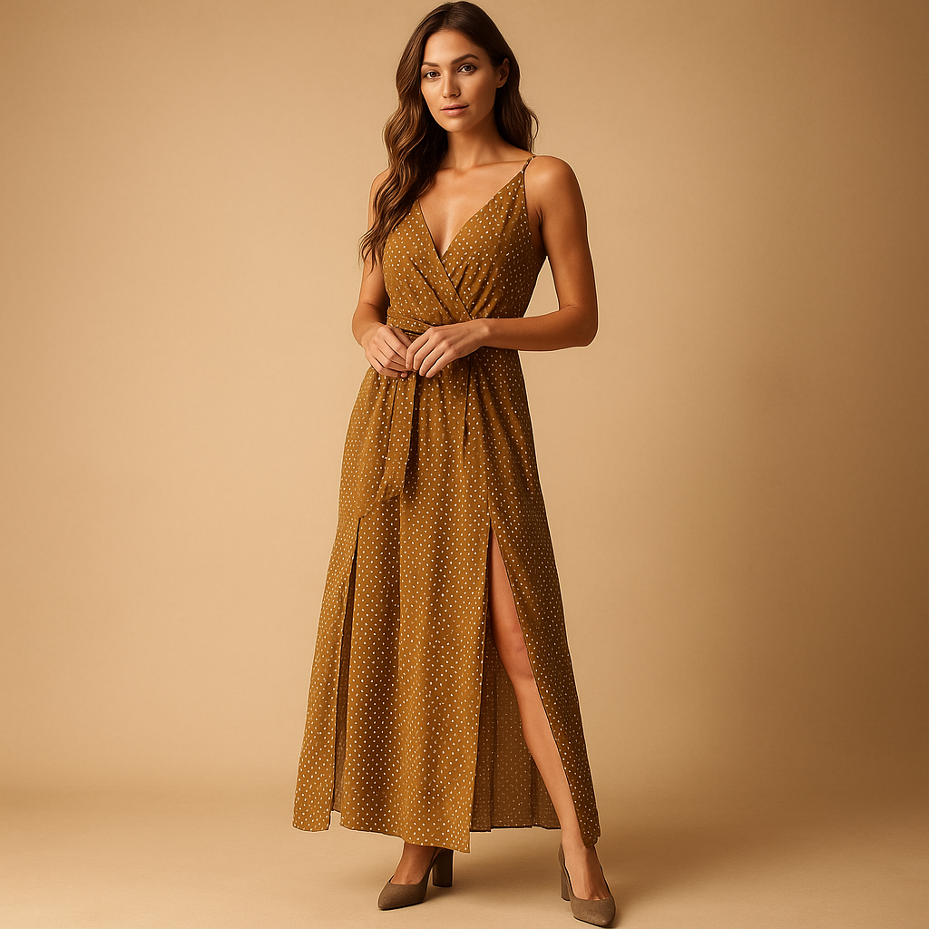 Women’s floral beach dress with V-neck, flowy skirt, and adjustable waist tie — perfect for summer days, vacations, and beach outings.