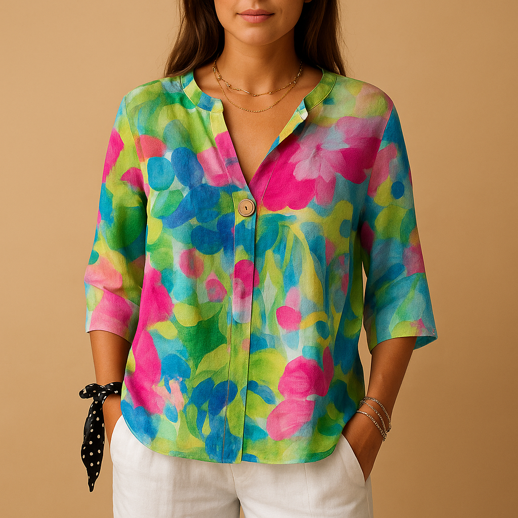 Women’s floral button-up blouse with collar and relaxed fit, perfect for summer days, workwear, and casual occasions.