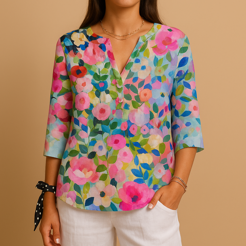 Women’s floral button-up blouse with collar and relaxed fit, perfect for summer days, workwear, and casual occasions.