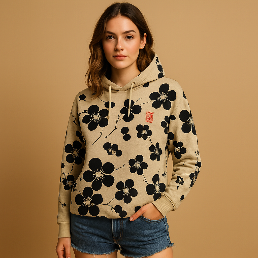 Women’s floral hoodie sweater with drawstring hood and long sleeves in black, blue, and red. Perfect for casual outfits and cozy weekends.