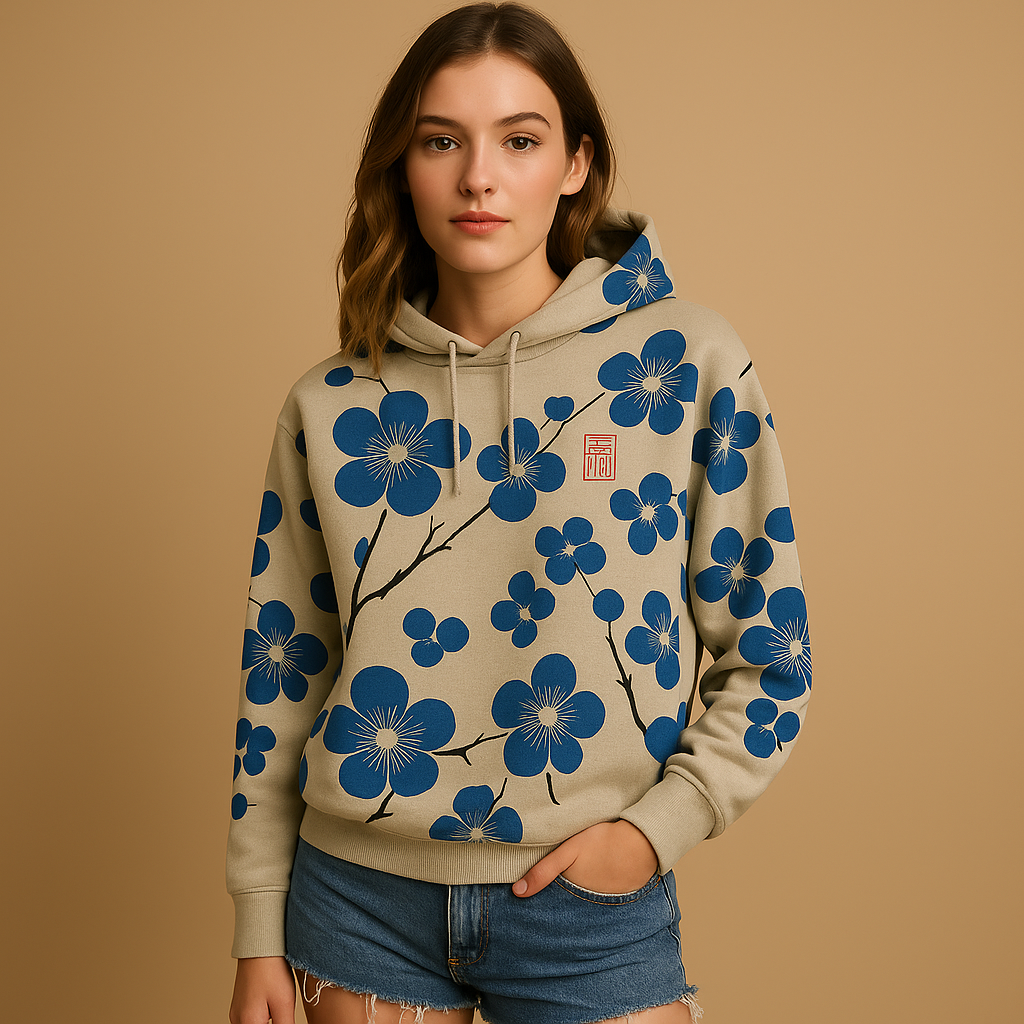 Floral women’s hoodie sweater with relaxed fit, soft hood, and breathable knit, ideal for casual outfits and cool-weather layering.