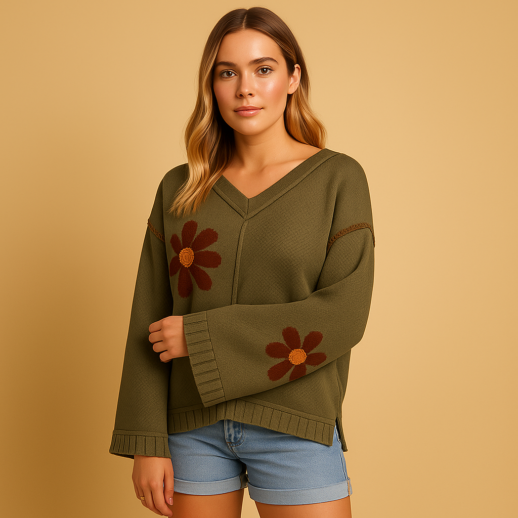 Floral knit V-neck sweater for women with relaxed fit, wide sleeves, and ribbed edges, ideal for winter outfits and casual everyday wear.
