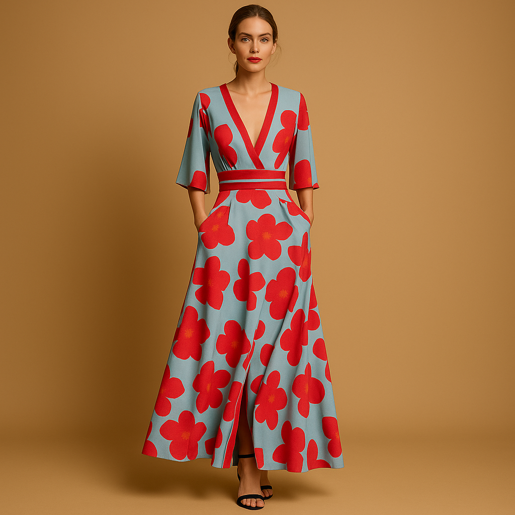 Floral maxi dress for women with deep V-neckline, tailored waist, flowing skirt, and pockets, perfect for summer events and casual outings.