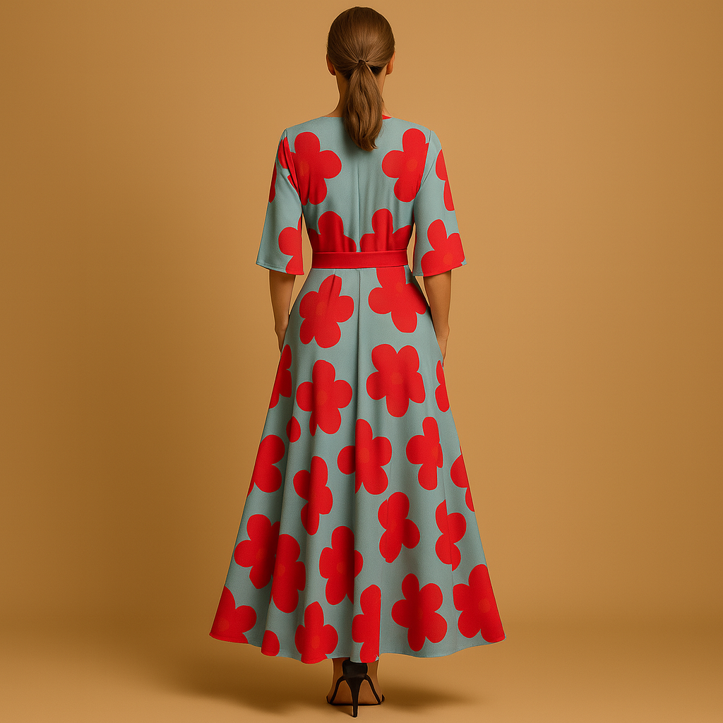 Floral maxi dress for women with deep V-neckline, tailored waist, flowing skirt, and pockets, perfect for summer events and casual outings.