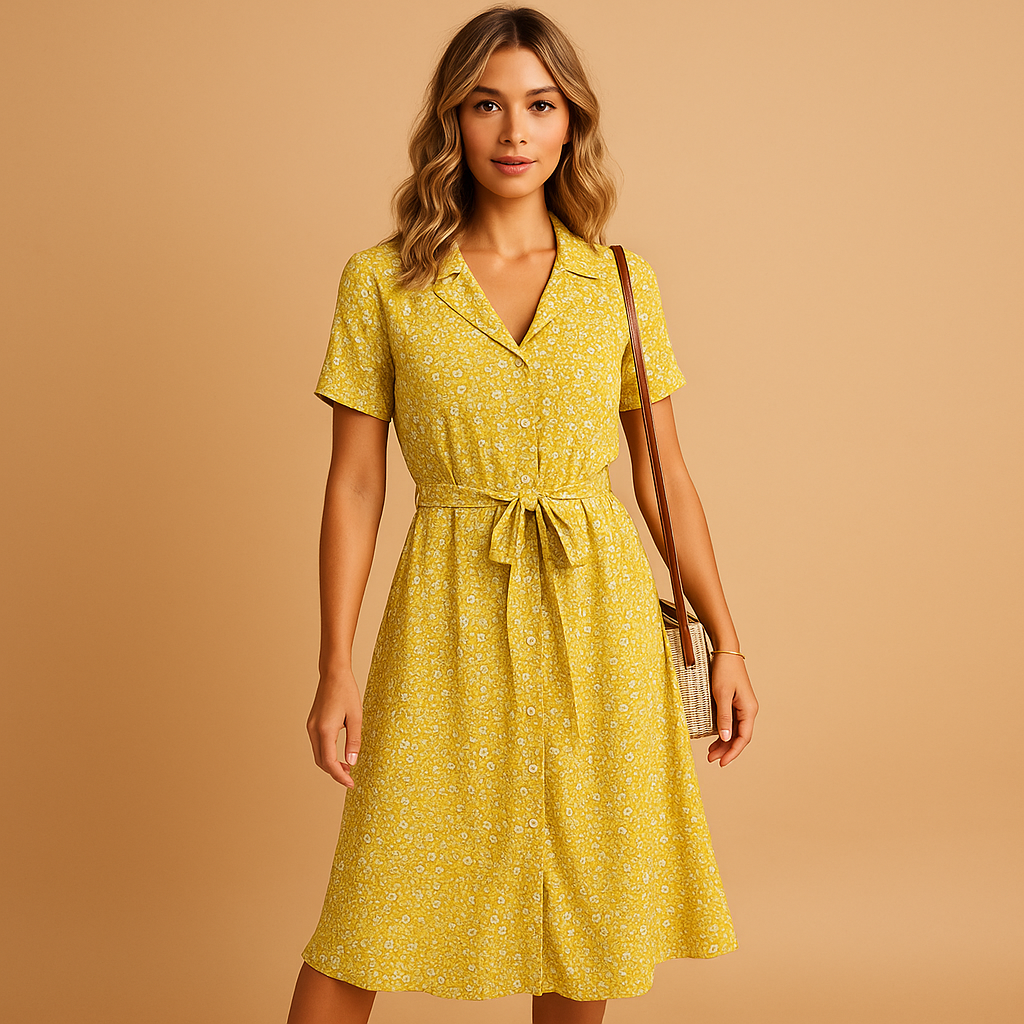 Women’s floral midi dress with short sleeves, breathable fabric, and flattering fit. Ideal for summer parties, casual outings, and terrace days.
