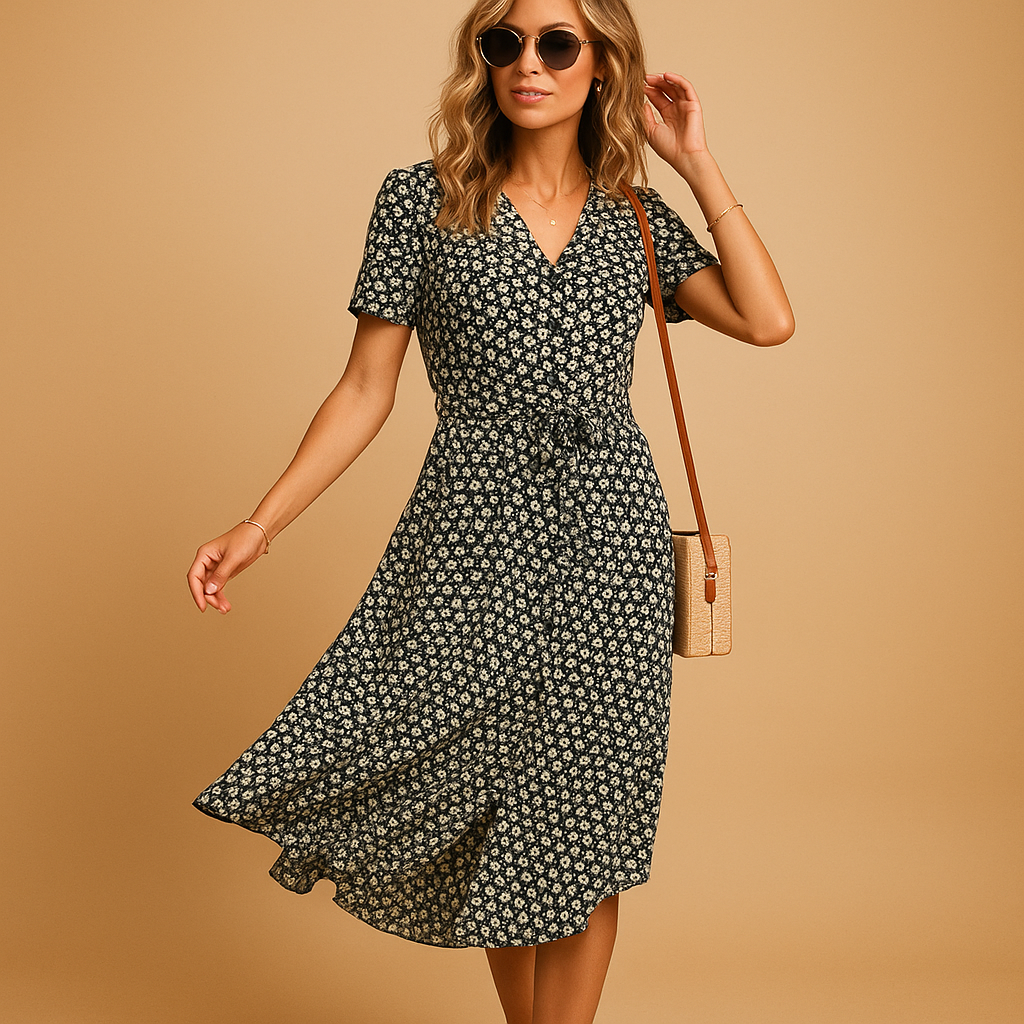 Women’s floral midi dress with short sleeves, breathable fabric, and flattering fit. Ideal for summer parties, casual outings, and terrace days.