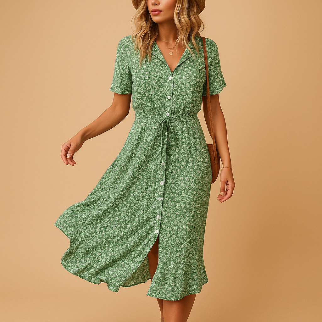 Women’s floral midi dress with short sleeves, breathable fabric, and flattering fit. Ideal for summer parties, casual outings, and terrace days.