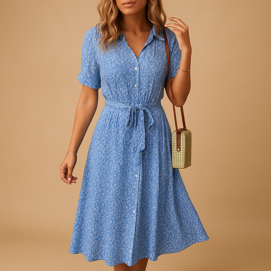 Women’s floral midi dress with short sleeves, breathable fabric, and flattering fit. Ideal for summer parties, casual outings, and terrace days.