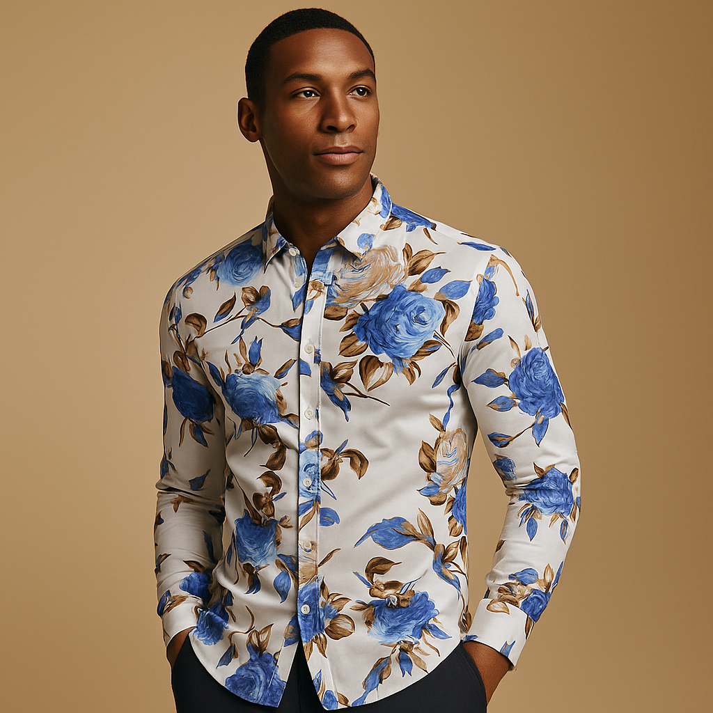 Floral print shirt for men with modern fit and breathable fabric, perfect for casual days, office wear, and festive occasions.