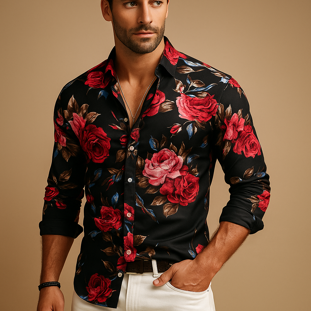 Floral print shirt for men with modern fit and breathable fabric, perfect for casual days, office wear, and festive occasions.