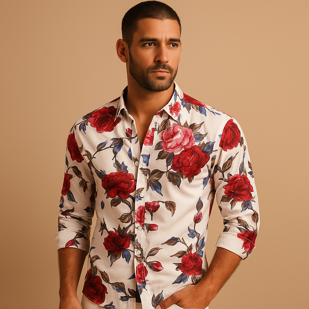 Floral print shirt for men with modern fit and breathable fabric, perfect for casual days, office wear, and festive occasions.