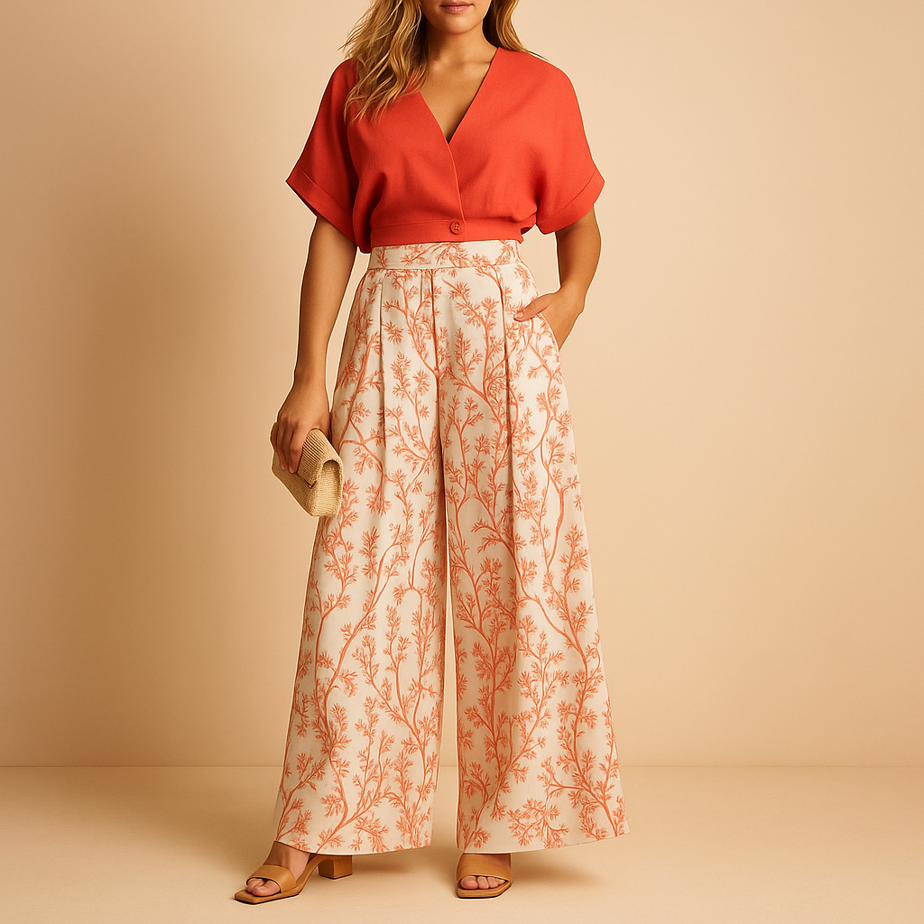 Floral two-piece summer set for women with wide-leg pants and matching top, perfect for beach parties, city trips, and casual summer days.