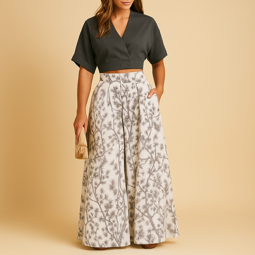 Floral two-piece summer set for women with wide-leg pants and matching top, perfect for beach parties, city trips, and casual summer days.
