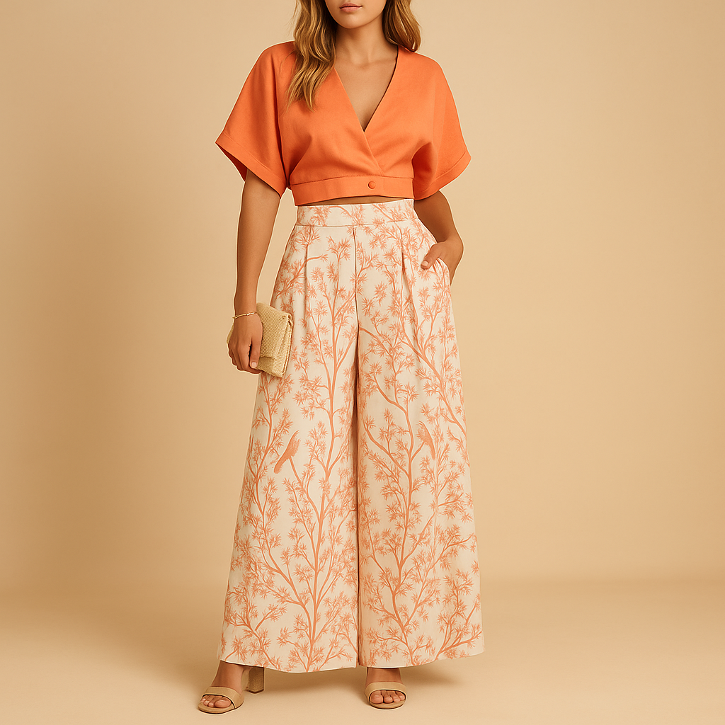Floral two-piece summer set for women with wide-leg pants and matching top, perfect for beach parties, city trips, and casual summer days.