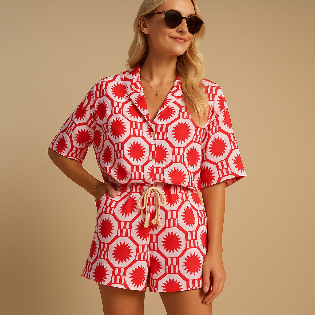 Two-piece floral set for women with short-sleeved blouse and elastic waistband shorts, ideal for summer days and vacations.