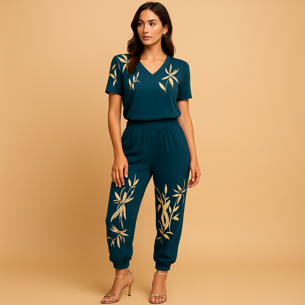 Floral two-piece set for women with matching top and pants, perfect for daily wear, informal gatherings, and summer outings.
