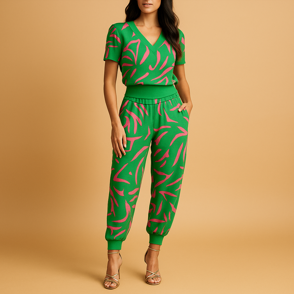 Floral two-piece set for women with matching top and pants, perfect for daily wear, informal gatherings, and summer outings.