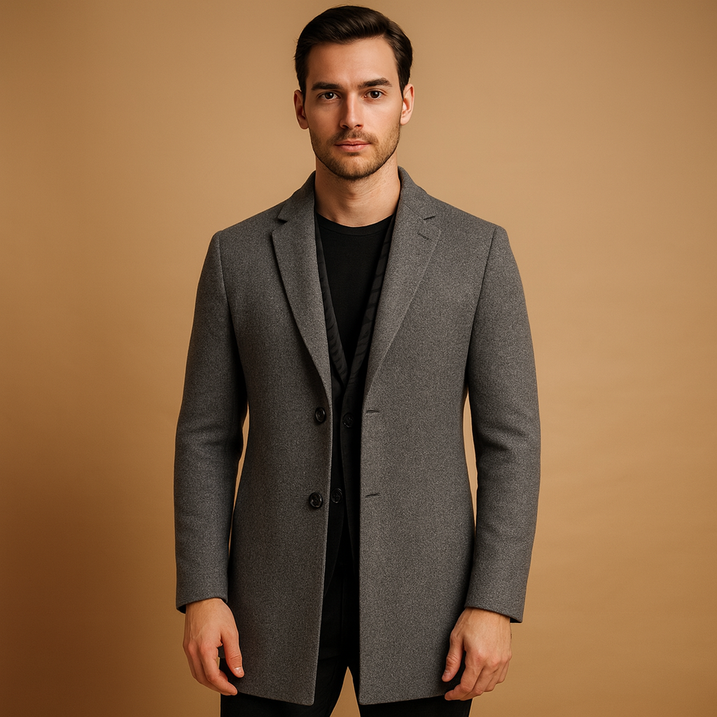 Men’s formal winter coat with long classic design and tailored fit, ideal for business wear and elegant cold-weather occasions.