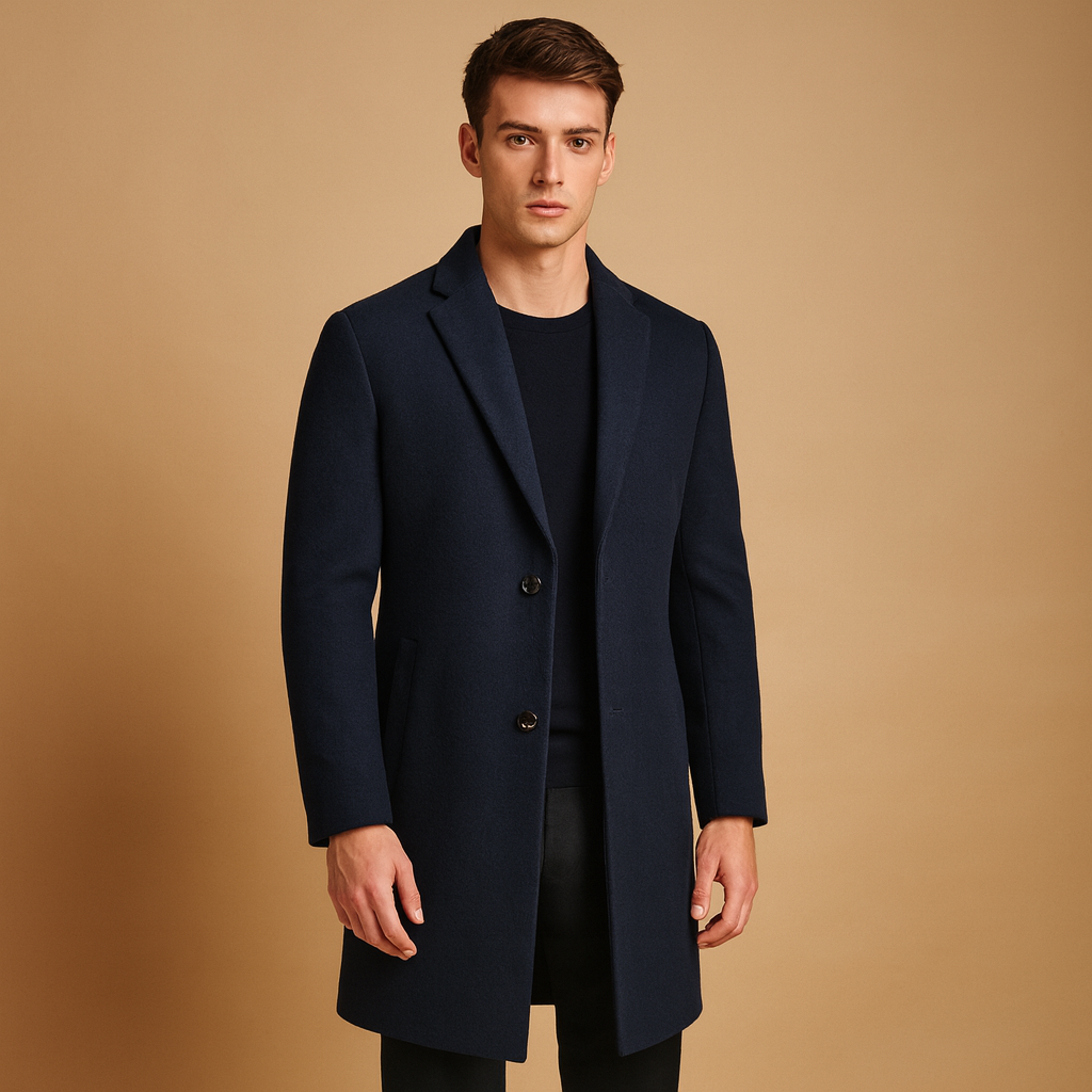 Men’s formal winter coat with long classic design and tailored fit, ideal for business wear and elegant cold-weather occasions.
