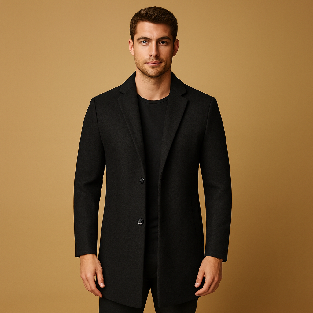 Men’s formal winter coat with long classic design and tailored fit, ideal for business wear and elegant cold-weather occasions.