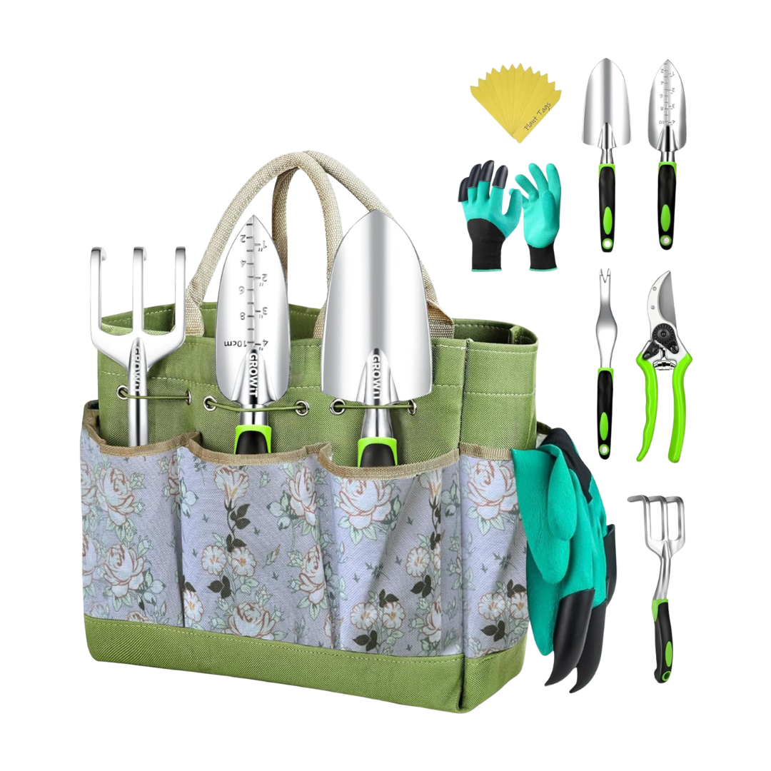 Garden Tool Set with Handles, Tote Bag Organizer, Plant Tags