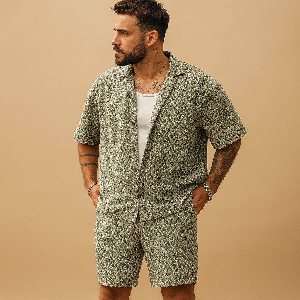 Men’s geometric print summer set with shirt and shorts, perfect for vacations, city strolls, and casual summer wear.