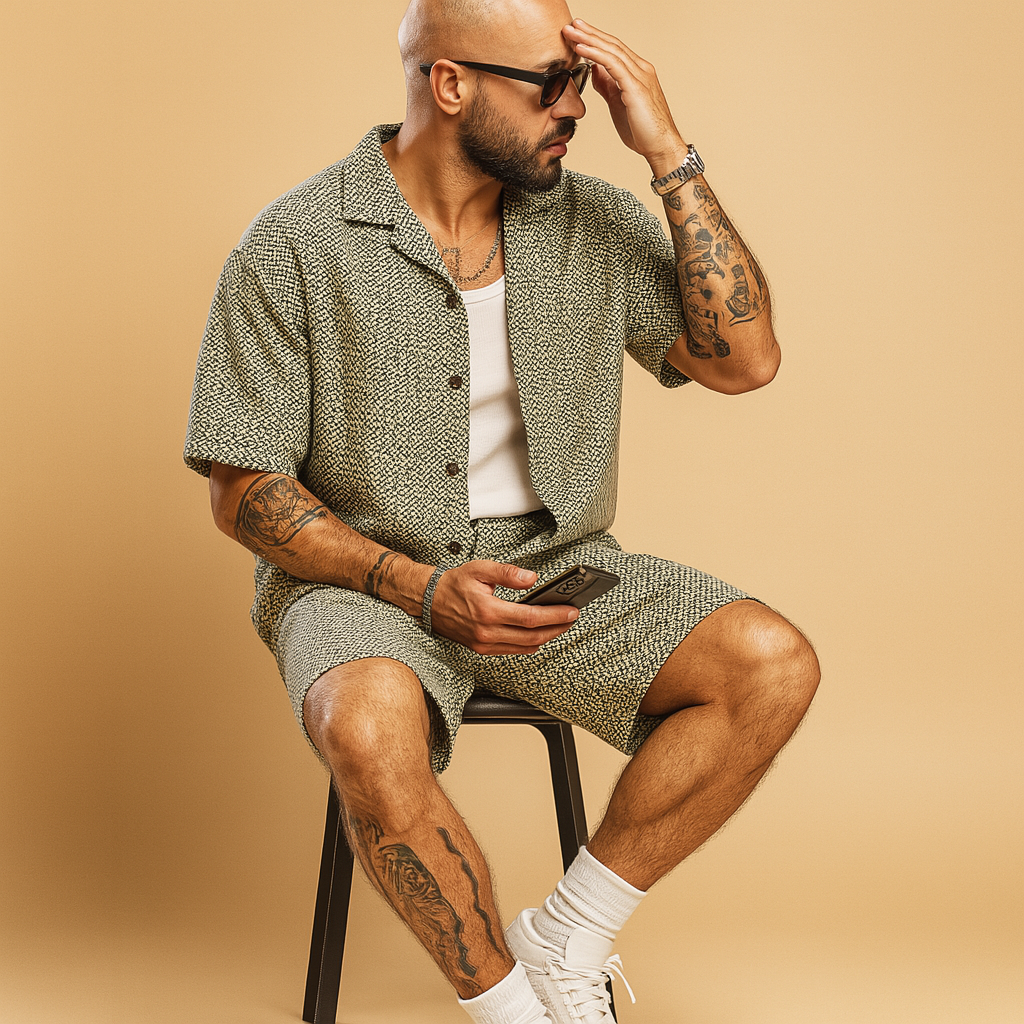 Men’s geometric print summer set with shirt and shorts, perfect for vacations, city strolls, and casual summer wear.
