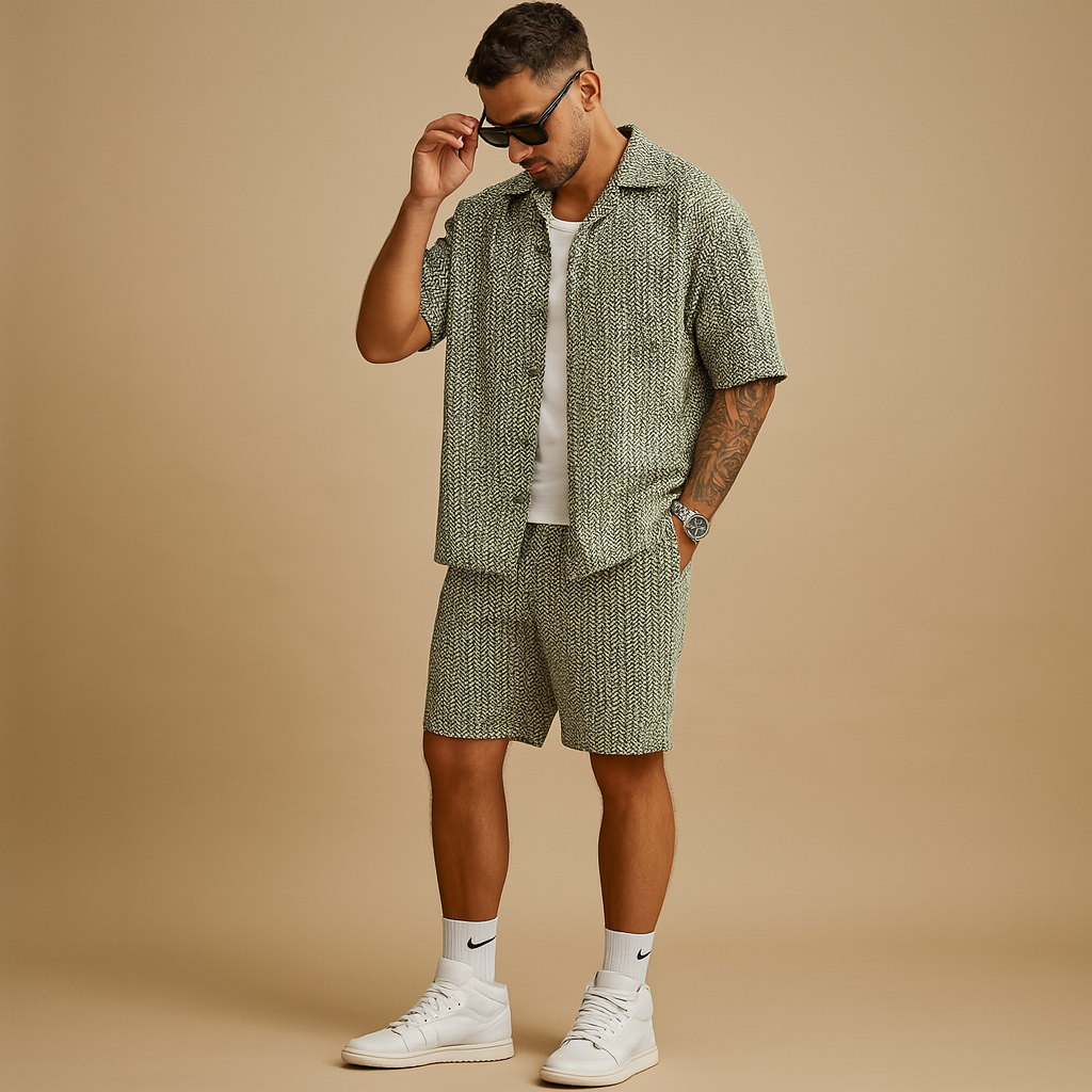 Men’s geometric print summer set with shirt and shorts, perfect for vacations, city strolls, and casual summer wear.