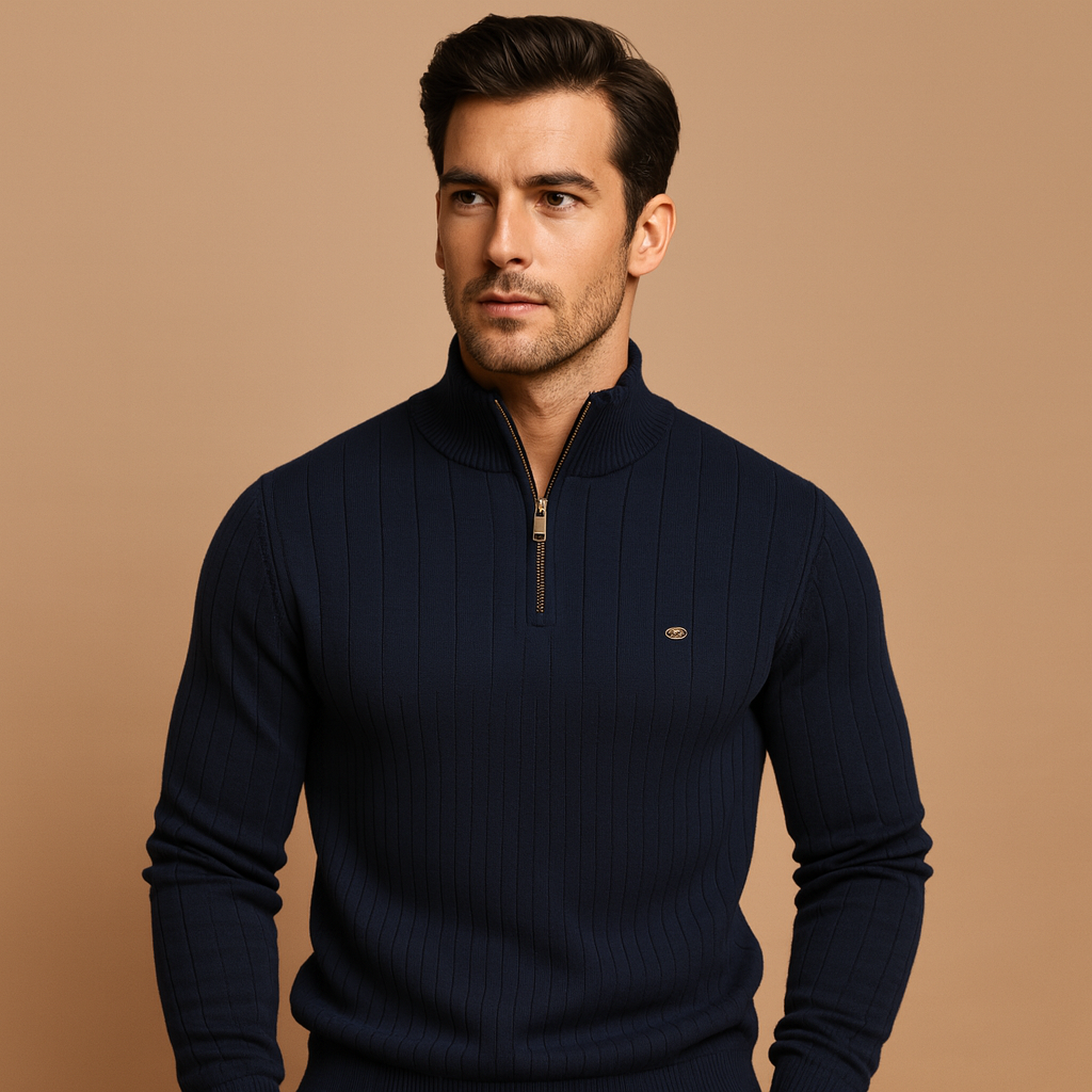 Men’s half zip slim fit sweater with high collar and soft knit fabric, warm, modern, and perfect for autumn and winter wear.