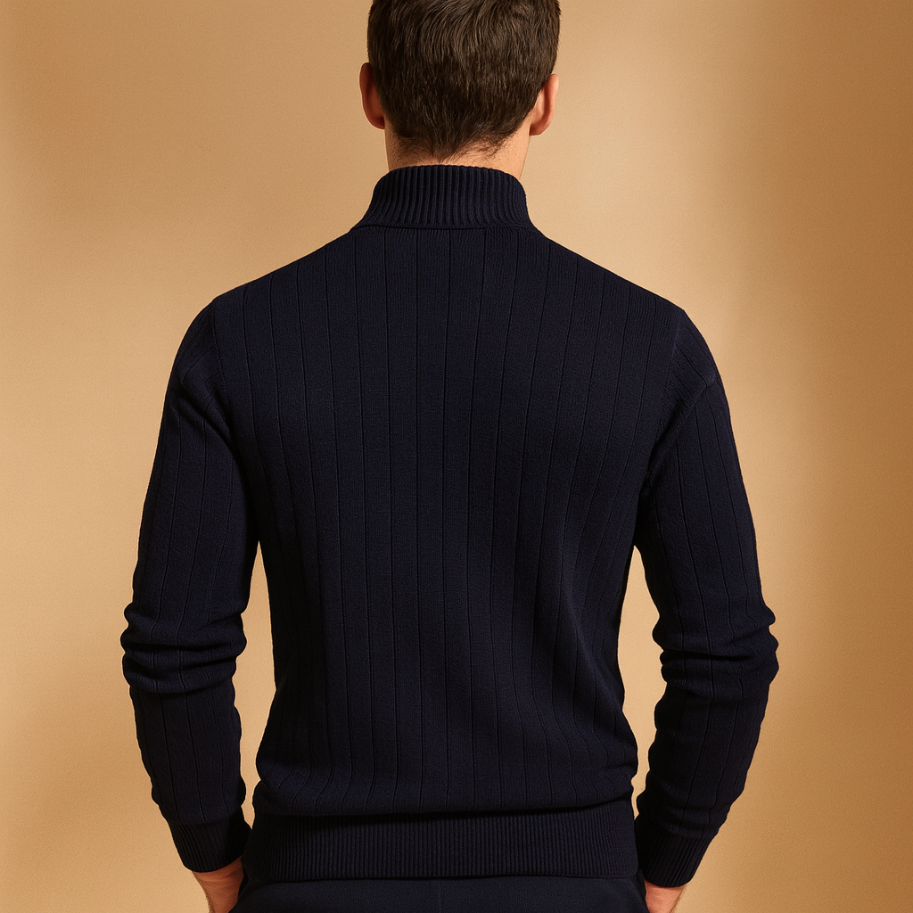 Men’s half zip slim fit sweater with high collar and soft knit fabric, warm, modern, and perfect for autumn and winter wear.