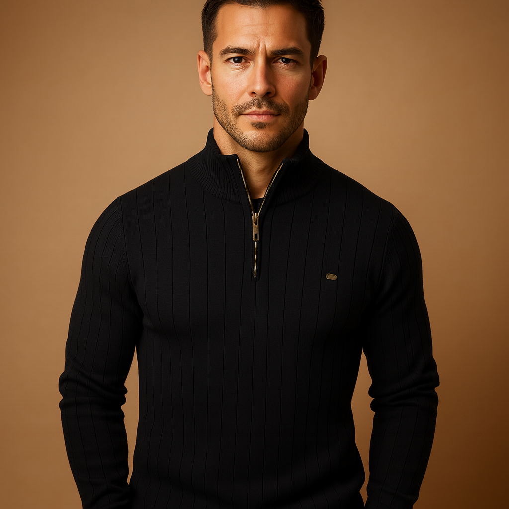Men’s half zip slim fit sweater with high collar and soft knit fabric, warm, modern, and perfect for autumn and winter wear.