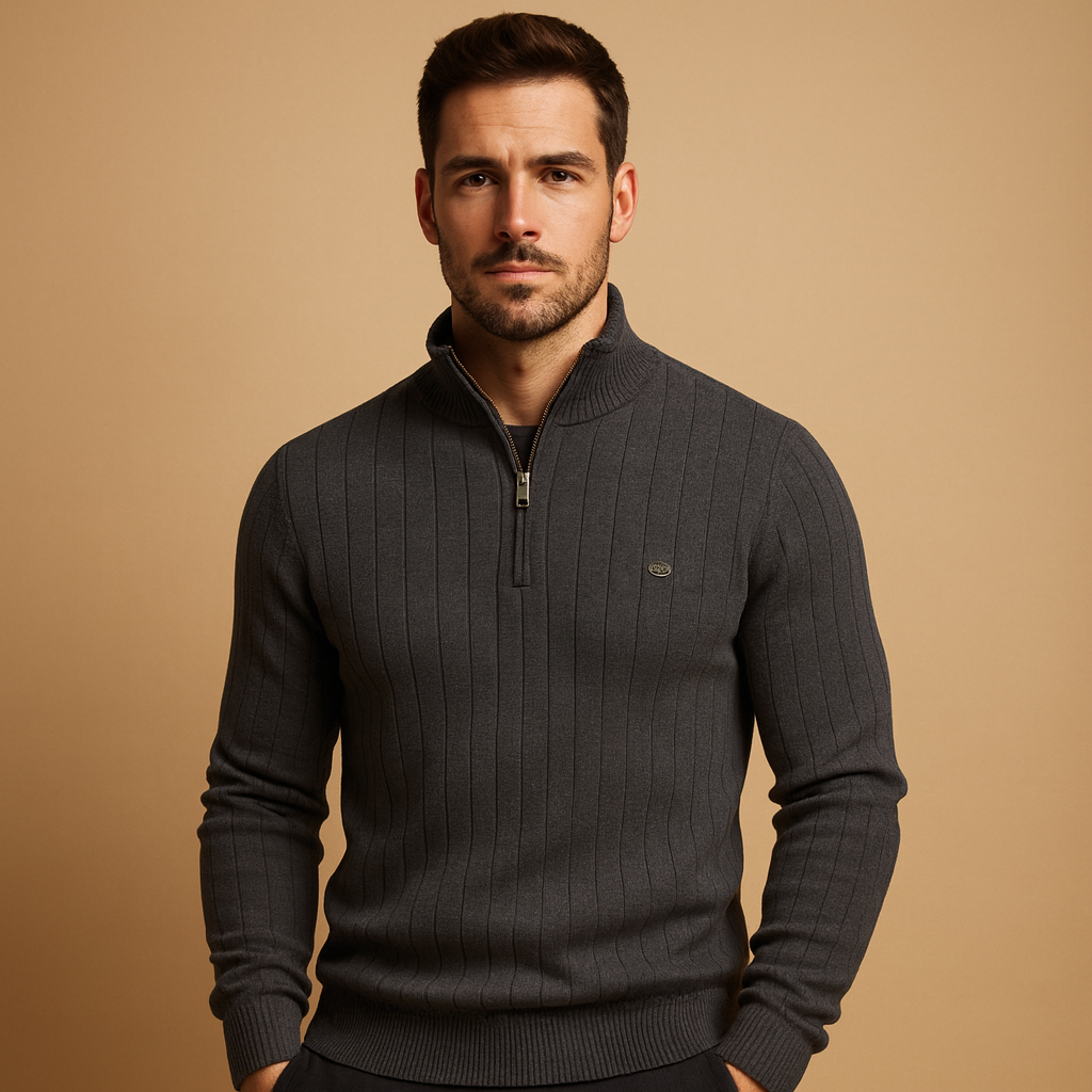 Men’s half zip slim fit sweater with high collar and soft knit fabric, warm, modern, and perfect for autumn and winter wear.