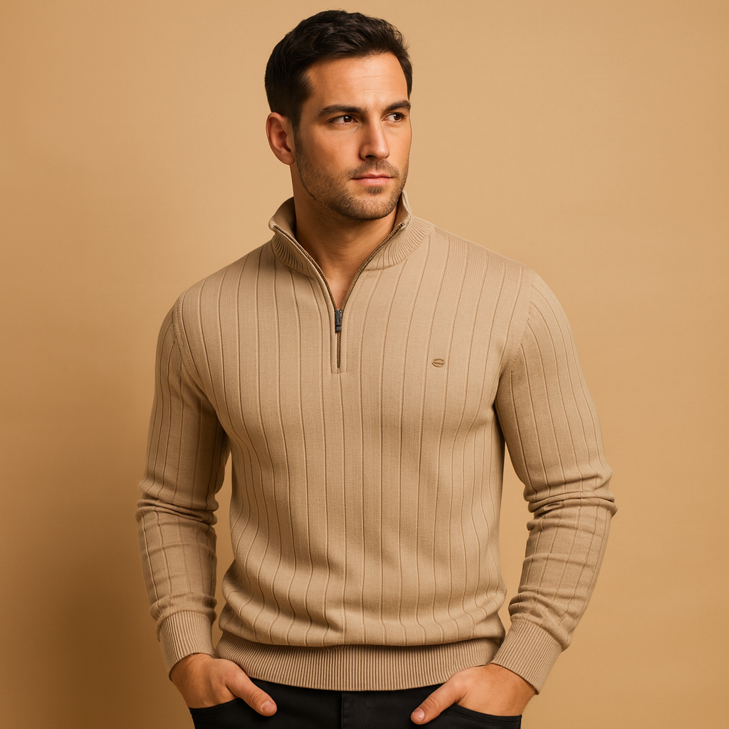 Men’s half zip slim fit sweater with high collar and soft knit fabric, warm, modern, and perfect for autumn and winter wear.