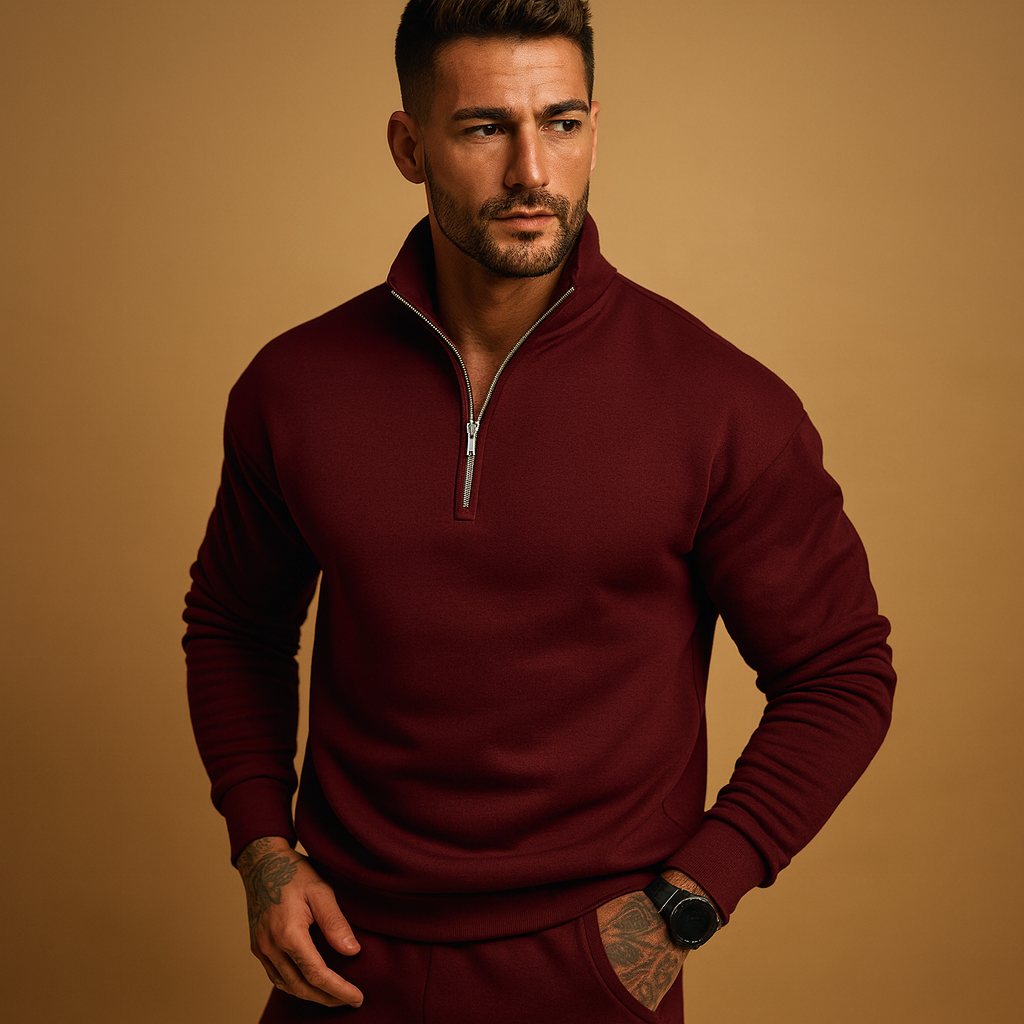 Men’s half zip sweater with soft fabric and contemporary design, perfect for casual and formal wear in autumn and winter.