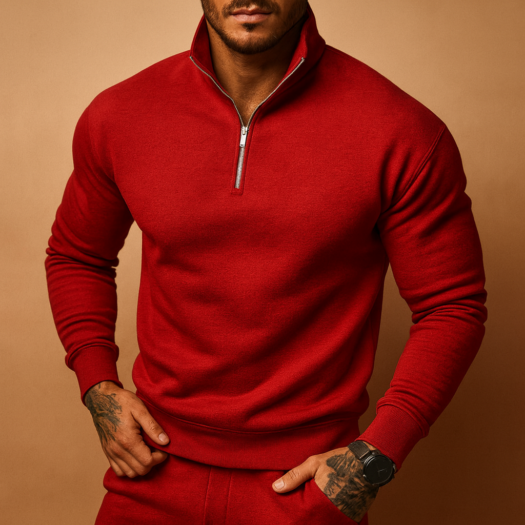 Men’s half zip sweater with soft fabric and contemporary design, perfect for casual and formal wear in autumn and winter.
