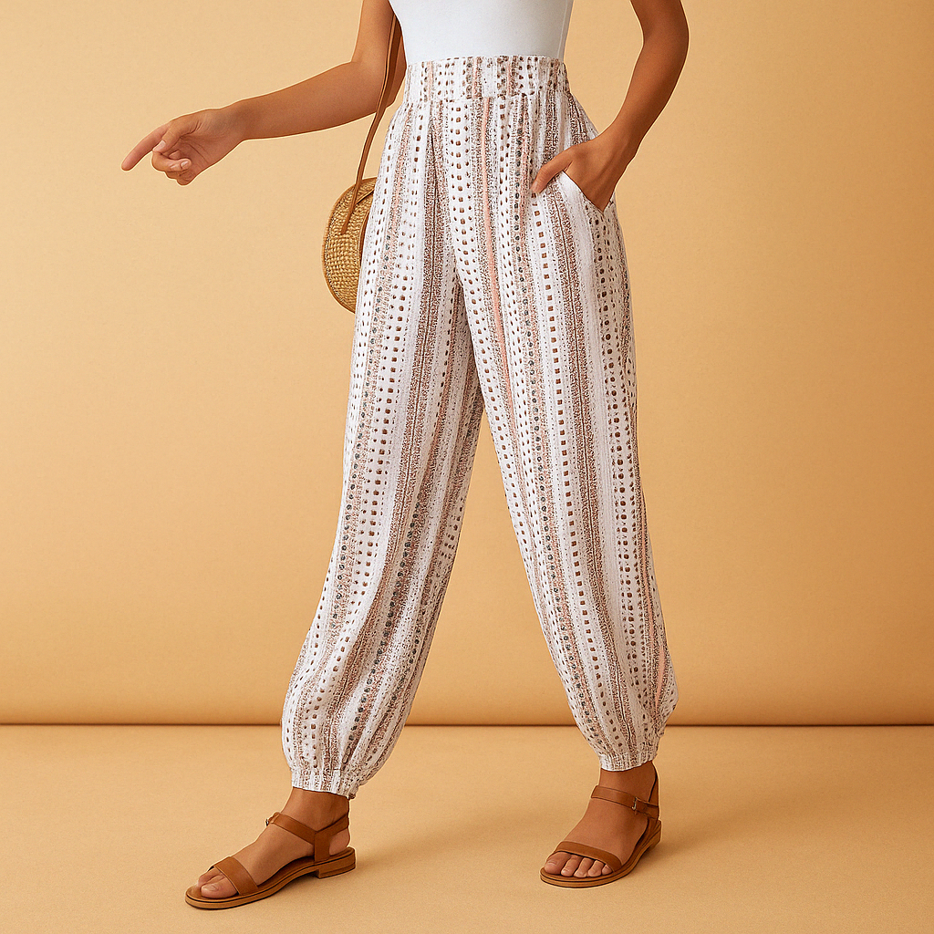 Women’s high waist boho pants Isla with loose fit and flattering waistband. Perfect for summer, casual days, and chic boho outfits.