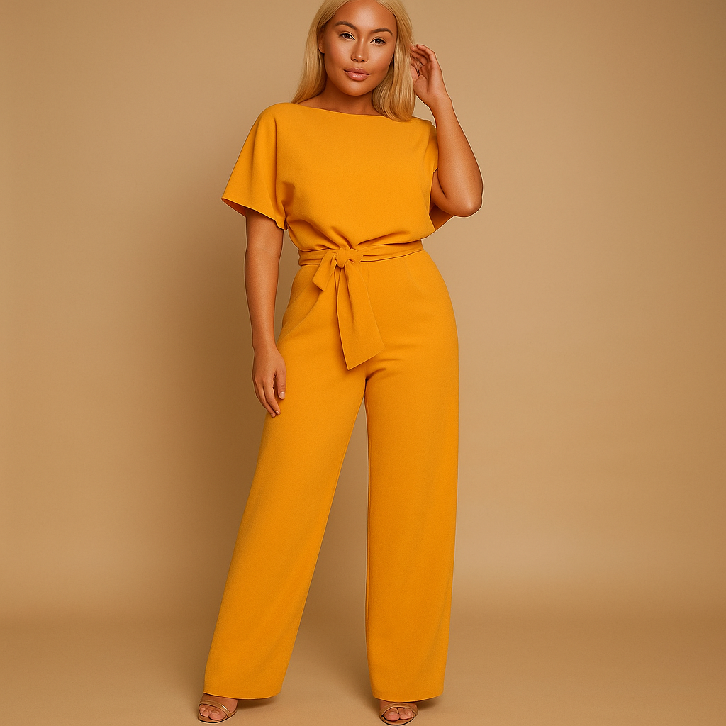Elegant high-waist women’s jumpsuit with lace-up detail, designed for comfort and style at work, evening events, or casual occasions.