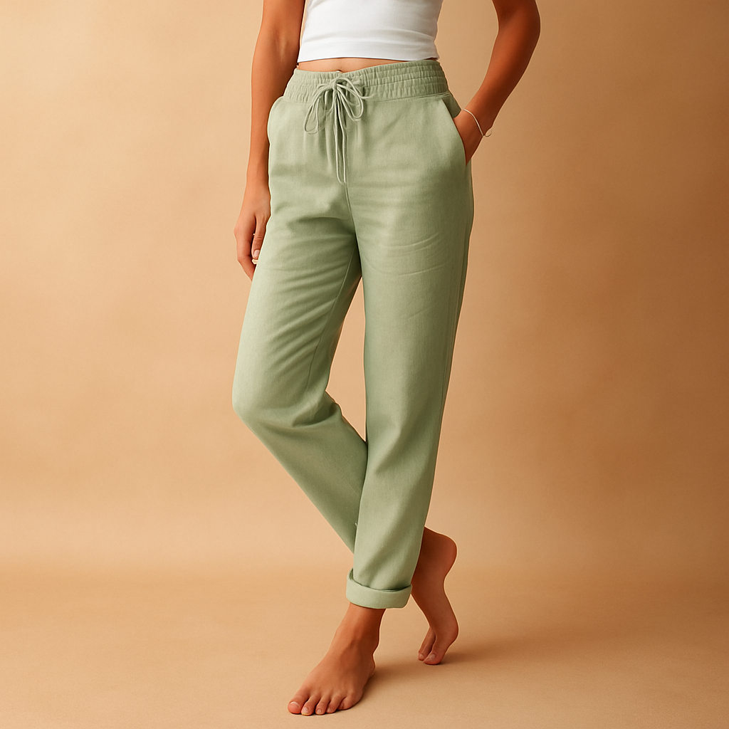 Women’s high waist lounge pants Hazel with straight-leg cut, lightweight fabric, and pockets. Ideal for loungewear, casual wear, or relaxed daily outfits.