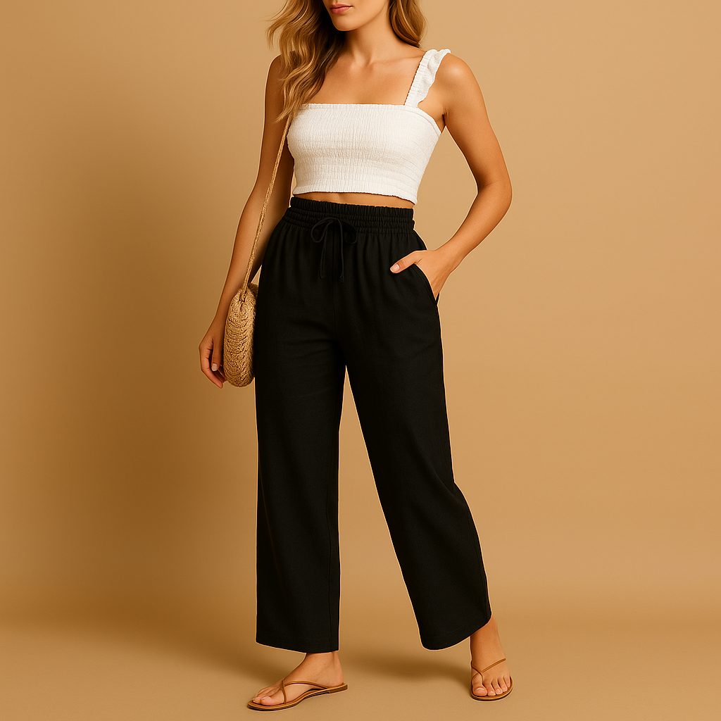 Women’s high waist lounge pants Hazel with straight-leg cut, lightweight fabric, and pockets. Ideal for loungewear, casual wear, or relaxed daily outfits.