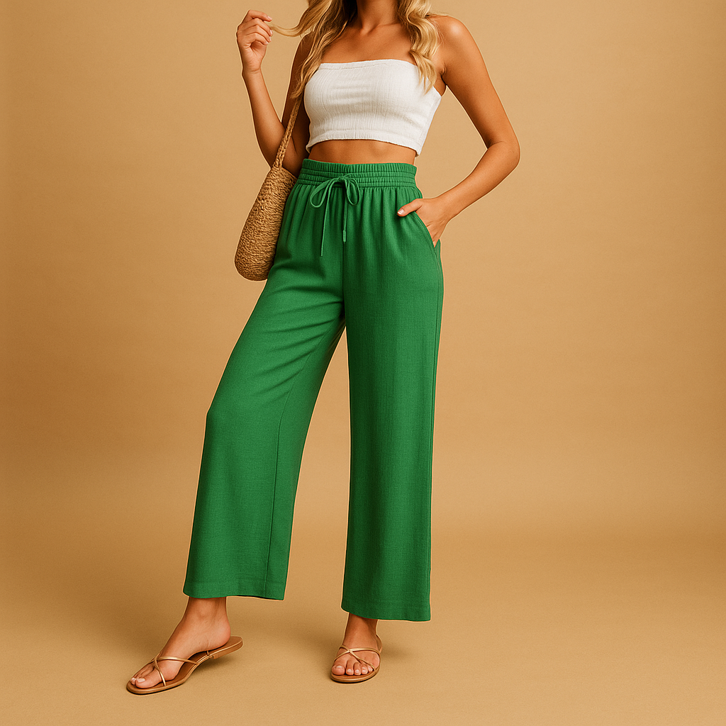 Women’s high waist lounge pants Hazel with straight-leg cut, lightweight fabric, and pockets. Ideal for loungewear, casual wear, or relaxed daily outfits.