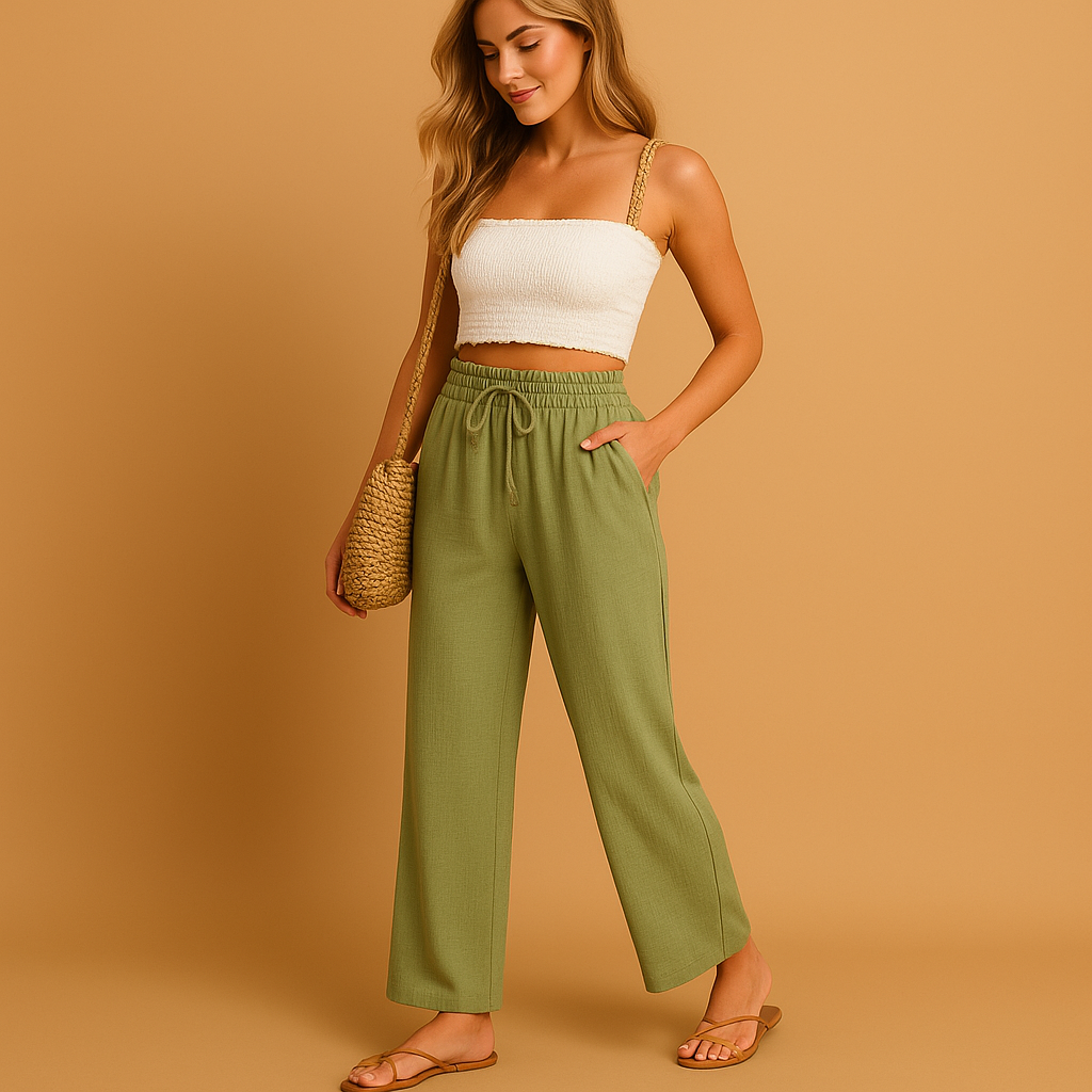 Women’s high waist lounge pants Hazel with straight-leg cut, lightweight fabric, and pockets. Ideal for loungewear, casual wear, or relaxed daily outfits.