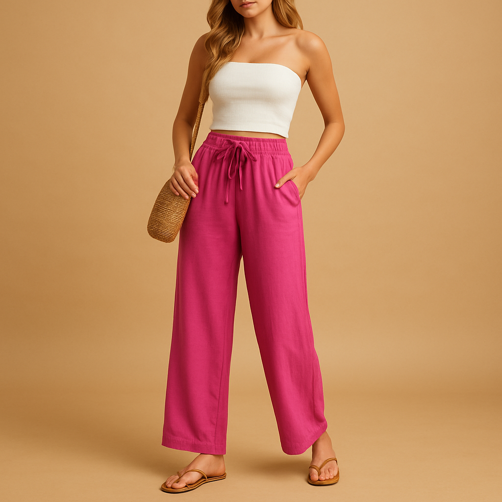 Women’s high waist lounge pants Hazel with straight-leg cut, lightweight fabric, and pockets. Ideal for loungewear, casual wear, or relaxed daily outfits.