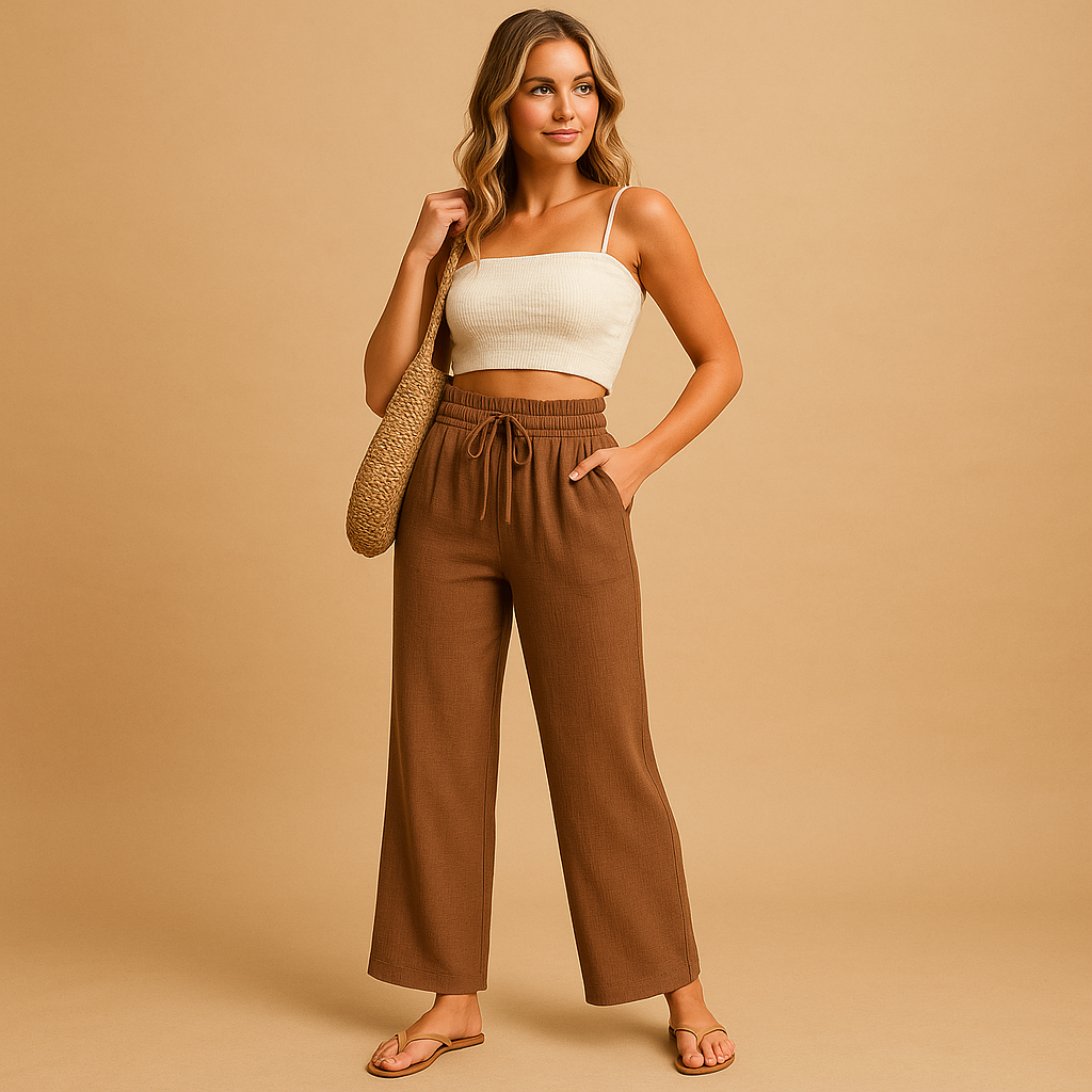 Women’s high waist lounge pants Hazel with straight-leg cut, lightweight fabric, and pockets. Ideal for loungewear, casual wear, or relaxed daily outfits.