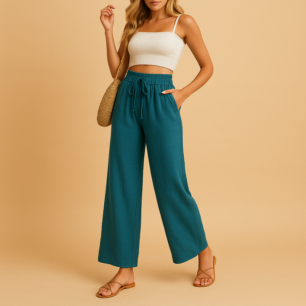Women’s high waist lounge pants Hazel with straight-leg cut, lightweight fabric, and pockets. Ideal for loungewear, casual wear, or relaxed daily outfits.